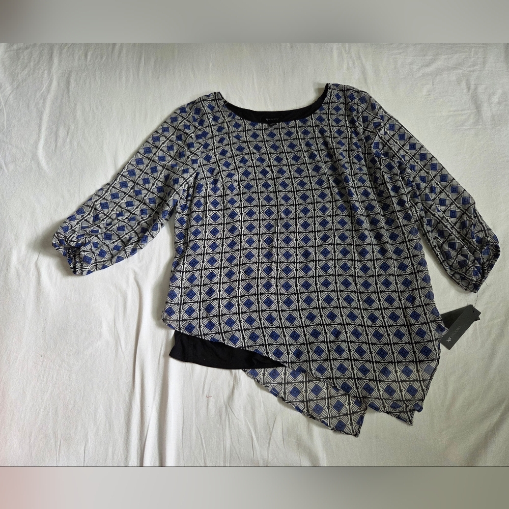 NWT AB Studioe Black & Blue Geometric Asymmetrical Blouse Size XL